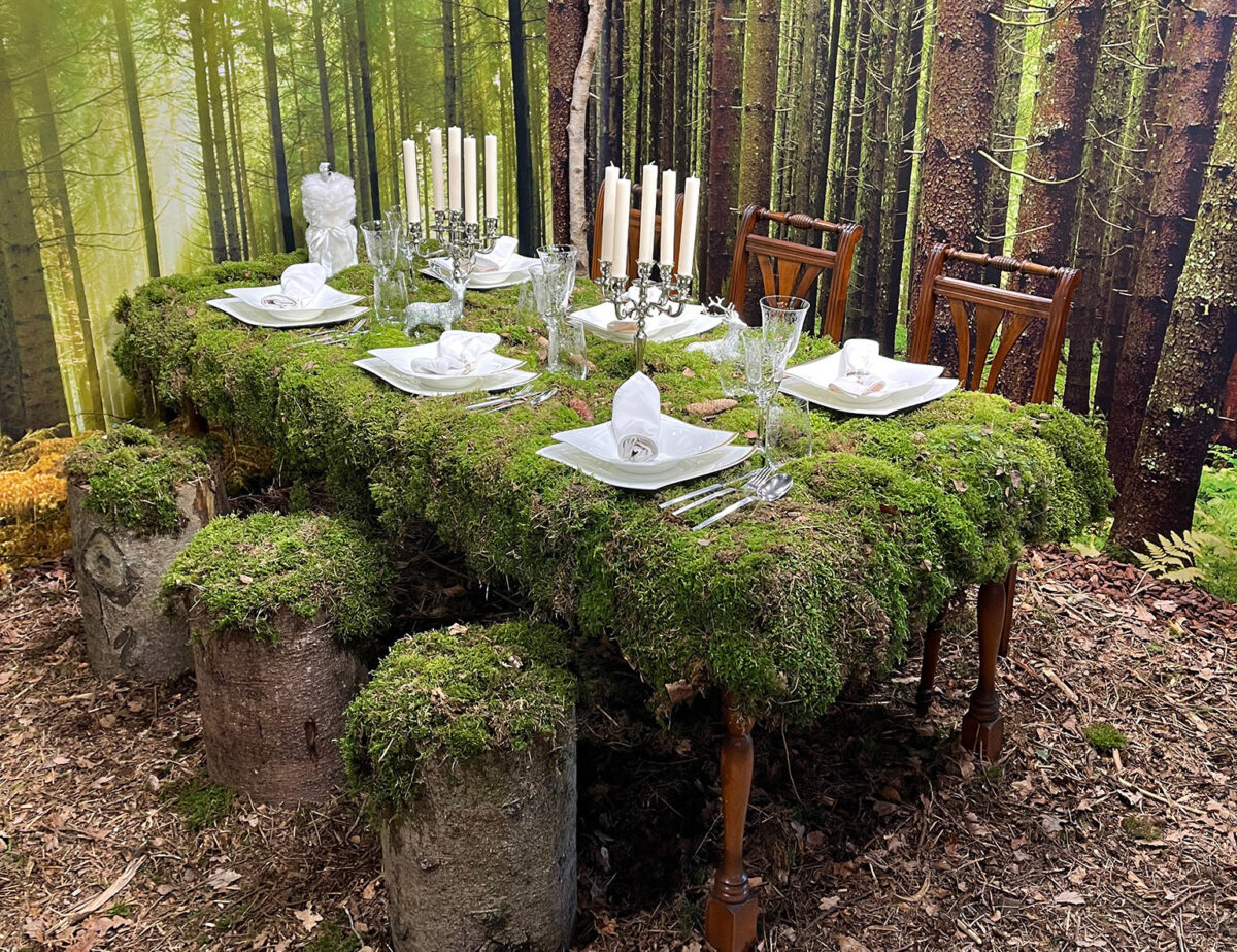 Tisch; gedeckt; Moos; Wald; Kerzenleuchter; außergewöhnlich; speziell; besonders; Design